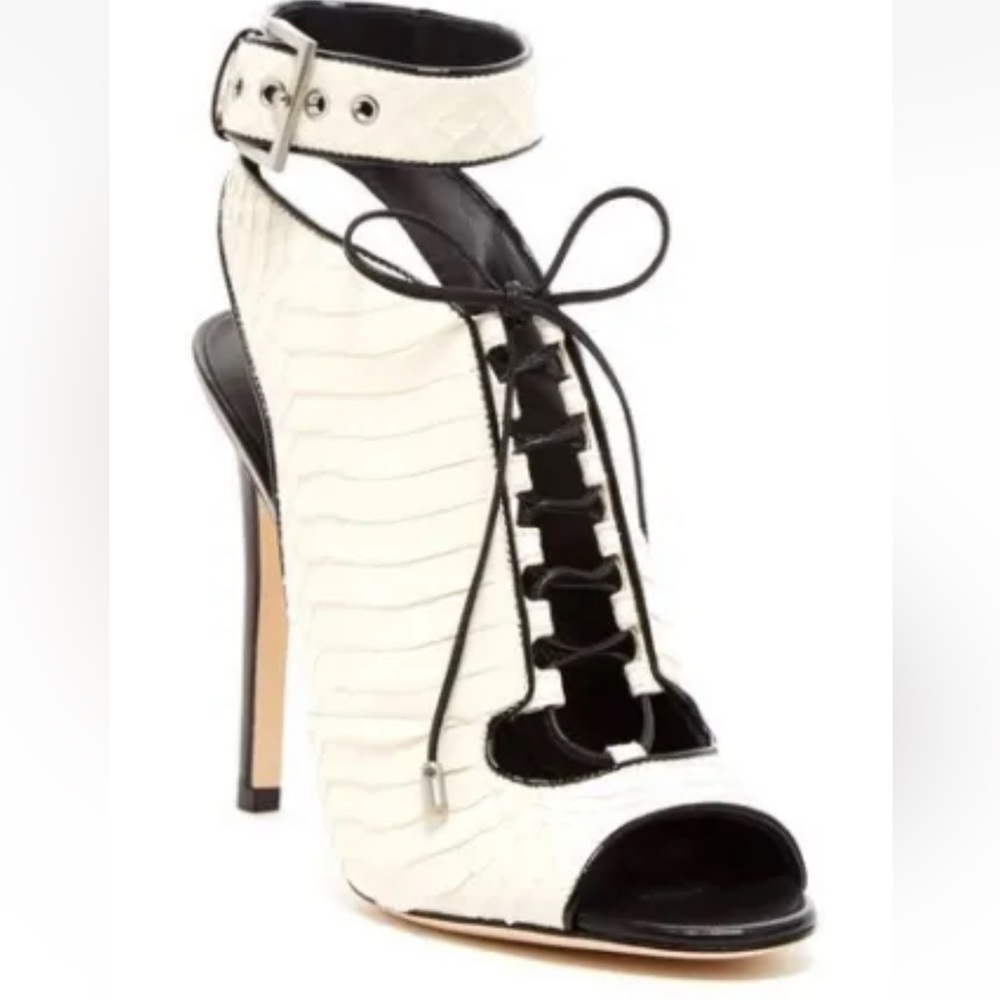 B Brian Atwood Lodosa Lace Up Dress Sandal Heel Wedge Open Toe Snakeskin White